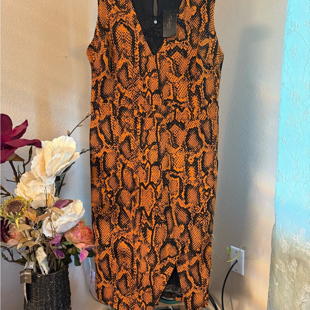 Macy's Orange Black Sheath Dress V-Neck Midi